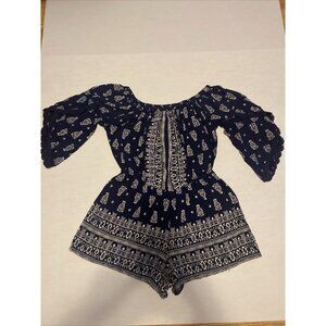 Angie Womens Romper Blue Floral Bell Scalloped Sleeves Size M Shorts Jumpsuit